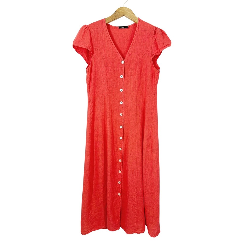 Lungo L'Arno Linen Short Sleeve Red Coral Button Front Dress Women's Size XL